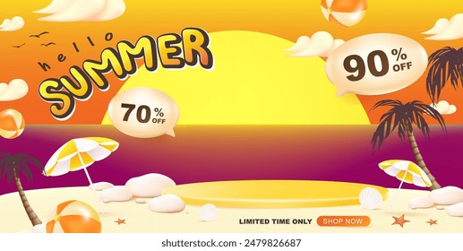 Summer sale banner poster with sand and summer beach sunset scene design background