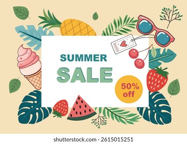 Summer Sale Banner or poster with Sunglasses, Watermelon, Ice Cream, Fruits and Tropical leaves Flat Design Graphic. Promotion and shopping template for Summer season