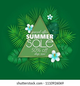 Summer sale banner, poster template with palm leaves and jungle leaf . Floral tropical summer background