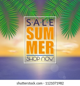 Summer sale banner, poster template with palm leaves and jungle leaf on sunset beach background