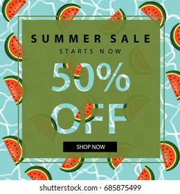 Summer sale banner. Sale poster template. Tropical,exotic pattern background with watermelons and pool water pattern. Vector illustration.