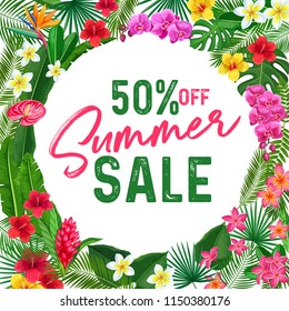 Summer sale banner or poster. Tropical template page design with Jungle exotic leaf philodendron, monstera, areca palm, royal fern and plumeria. Strelitzia, hibiscus, orchid and ginger flower.