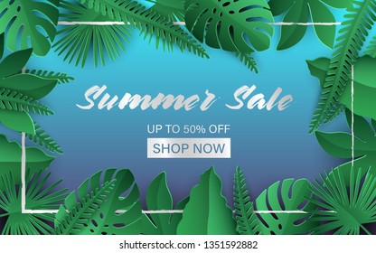 Summer sale banner. Poster tropical leaves vector design with silver details