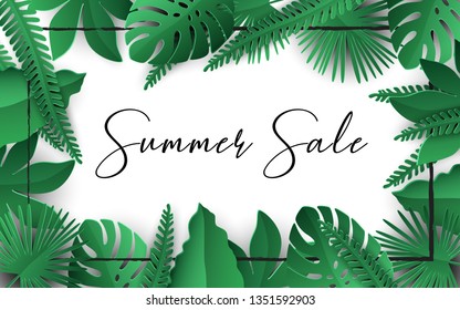 Summer sale banner. Poster tropical leaves vector design with black frame on a white background