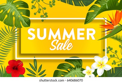 Summer Sale Banner, Poster With Tropical Exotic Leaves And Flowers. Discount Design Background With Jungle Palm Leaves