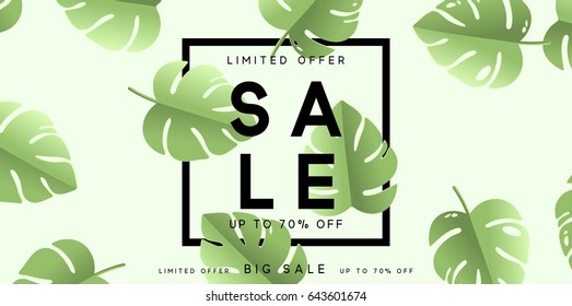 Summer sale banner. Poster tropical leaves vector design
