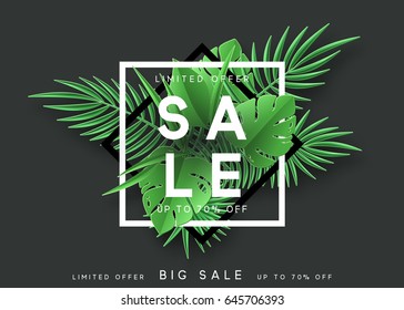 Summer sale banner. Poster tropical leaves vector design