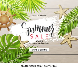 Summer sale banner, poster with tropical plants, leaves, wheel and starfish on wooden board . Vector illustration