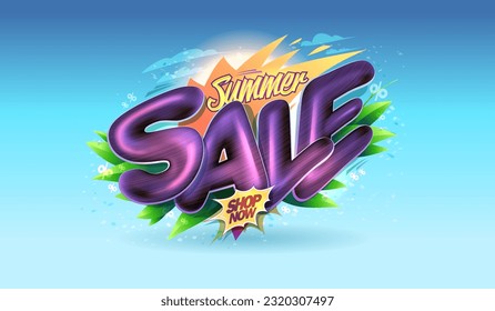 Summer sale banner or poster vector mockup with blue sky, palm leaves and 3D lettering, tropical style shopping promotion template for summer season