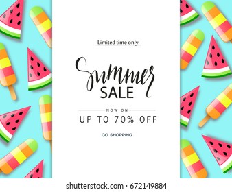 Summer sale banner, poster with watermelon and ice cream. Vector illustration