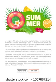 Summer sale banner with promo label vector. Seasonal promotion, for clients. Lifebuoy and orange slice, vacational proposition, pineapple fruit