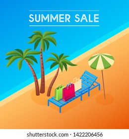 Summer sale banner promotion. Discount concept with palm tree, shopping bag and beach umbrella. Isometric vector illustration