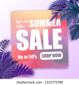 Summer sale banner with purple tropical leaves background, exotic tropical leaves design for banner, flyer, invitation, poster, web site or greeting card.  vector illustration.