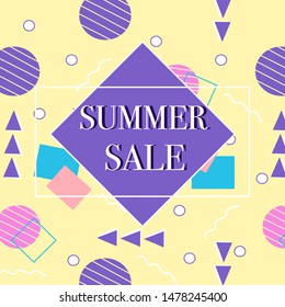 Summer sale banner with purple and yellow memphis elements. Vector banner, perfect to use for your summer sale promotions