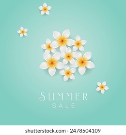 Summer Sale banner with realistic flower decoration on mint color background