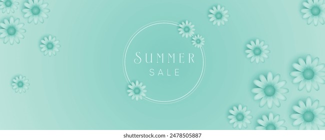 Summer Sale banner with realistic flower decoration on mint color background