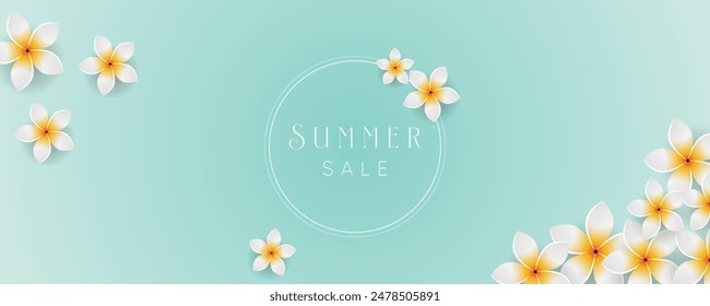 Summer Sale banner with realistic flower decoration on mint color background