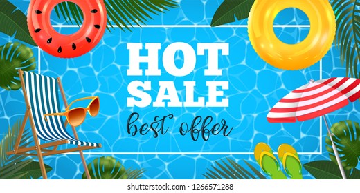 Summer sale banner with realistic inflatable rings, chaise lounge, sun glasses, beach umbrella and slates and tropical leaves background, exotic floral design.