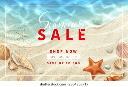 Summer sale banner, realistic seashells, stones and starfish, vector seaside top view. Summer sale background for promotion special offer, shop seasonal discount promo banner with shells on beach