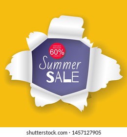 Summer sale banner in the realistic torn paper hole vector illustration design. Yellow background and blue detailed paper hole with white torn edges.