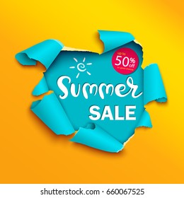 Summer sale banner in the realistic torn paper design. Yellow and blue detailed paper hole. Vector illustration