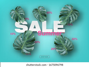 Summer Sale Banner With Realistic Tropical Leave. EPS10 Vector