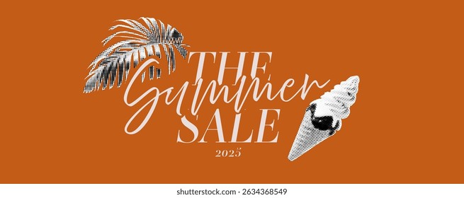 The summer sale banner. Red bg with bold trendy beige typography, Simple template design with collage elements. Ice cream and palm leaf
