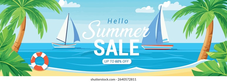 Summer Sale Banner with Sailboats and Palm Trees
