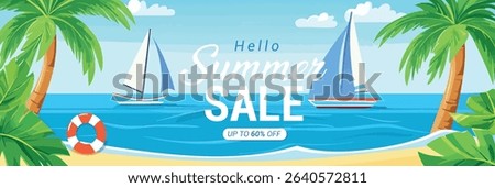 Summer Sale Banner with Sailboats and Palm Trees