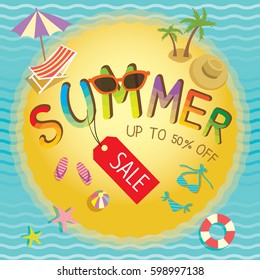 Summer sale banner with sea and beach element.