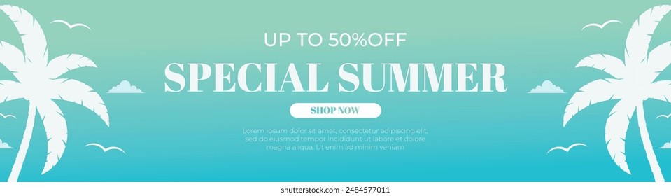 Summer sale banner with sea blue and tropical aesthetic design background vector illustration