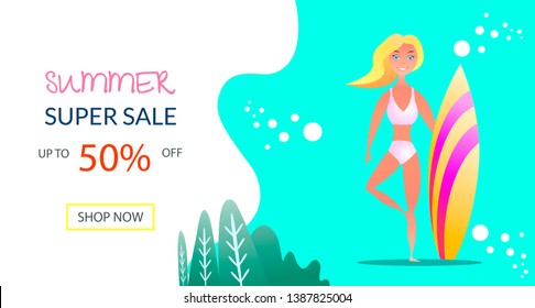 Summer Sale Banner. Sea resort activities Surfing Vector banner Flat template with Gradient. Windsurfing, relax on Ocean Beach. Cartoon Character. Travel Agency Illustration. 