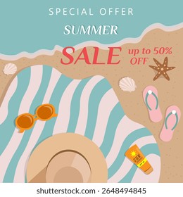 Summer sale banner with sea, sand and discount text. Season promotion illustration.