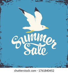 Summer sale banner with a seagull on the blue background. Vector illustration in retro style with calligraphic inscription, suitable for poster, flyer, invitation, label or card. Special offer prices