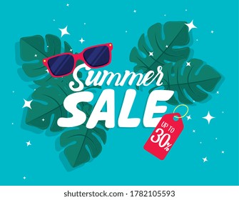 summer sale banner, season discount poster with sunglasses, leaves, invitation for shopping with summer sale up to thirty percent, special offer card vector illustration design