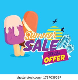 summer sale banner, season discount poster with ice creams, invitation for shopping with special offer label vector illustration design