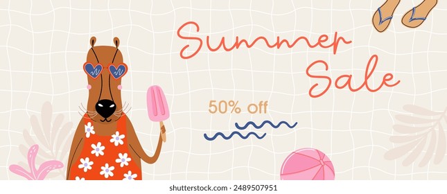 Summer sale banner. Seasonal background. Summer swimming pool, funny capybara character. Discount special offer. Flat design vector illustration.