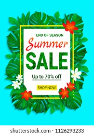 Summer sale banner. seasonal promotion poster. Tropic sellout design. Floral jungle background with exotic tropical flowers, leaves. End of a season discount vector design for shop, business with text