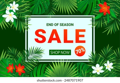 Summer sale banner. seasonal promotion advertising. vector poster. Tropic sellout design. Floral background with exotic tropical flowers, leaves. End of a season discount for shop, retail, with text.