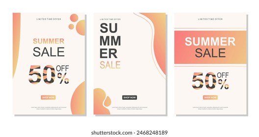 Summer sale banner set. Discount up to 50%. Summer trendy design for advertisement, invitation, flyer, poster, web banner.