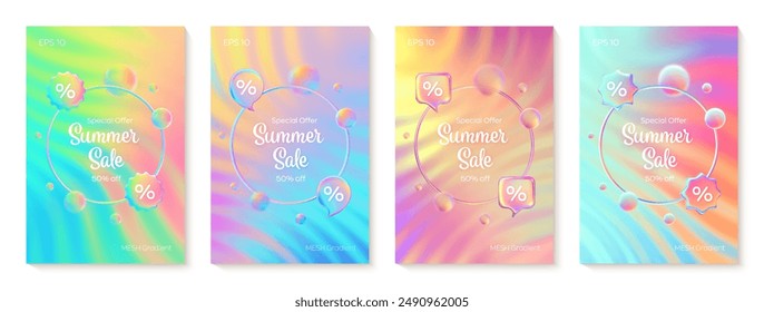 Summer sale banner set. Discount percent. Mega sale special offer. Bright iridescent colorful sale poster. Sunset and sunrise sky colors. Green, blue, purple, orange, yellow. Vector illustration.