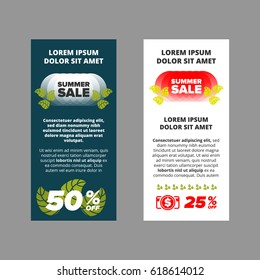 Summer sale banner set with leaves on black and white background
