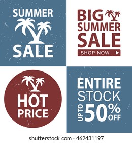 Summer Sale banner set. Shop now, hot price, vector.