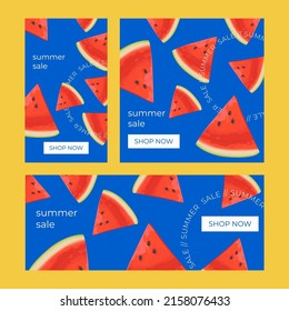 Summer sale banner set, template for social media, stories, ads. Vector Summer sale banners  in modern design with watermelon slices. Collection of vertical, horizontal and square banners.
