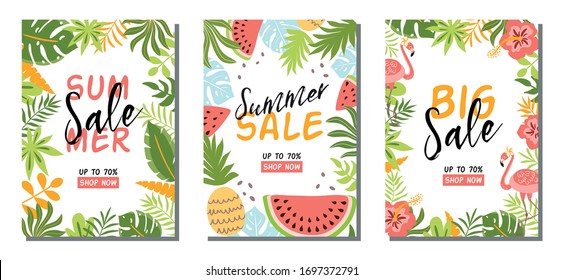 Summer sale banner set Tropical summer background sale template Vertical special offer for social network offer Vector