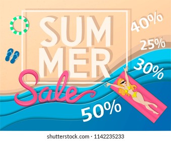 Summer sale banner, signboard, decor for the store. Top view of beach and sea, background, vector. Girl in swimsuit