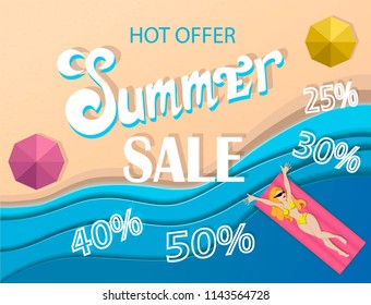 Summer sale banner, signboard, decor for the store. Top view of beach and sea, background, vector. Girl in swimsuit