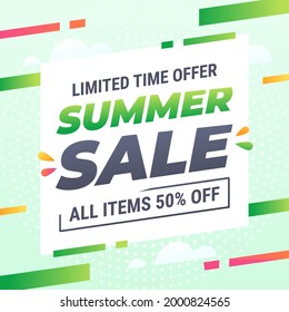 Summer Sale Banner with Simple Geometric Lines Background. Social Media Post Template in Square Format.