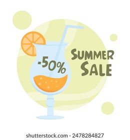 Summer sale banner. Simple vector illustration of a cold cocktail with orange for advertising, promotions, discounts