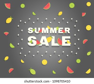 Summer sale banner with sliced fruit and garland.